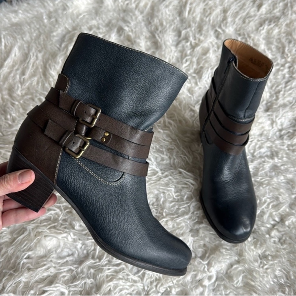 Naturalizer KATRINA Leather Heeled Ankle Boots/Booties Sz 8.5 Brown Blue Buckle